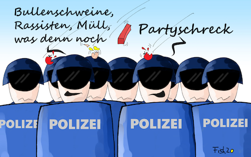 Cartoon: Partyschreck (medium) by Fish tagged stuttgart,party,polizei,gewalt,kontrollen,überprüfungen,jugendliche,feiern,feier,fish,corona,seehofern,horst,kuhn,özdemir,cem,schutzhelm,schutzschild,eier,tomaten,ziegelsteine