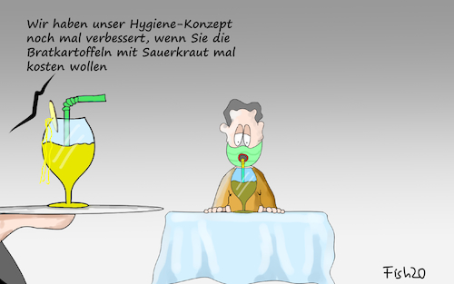 Cartoon: Restaurants öffnen wieder (medium) by Fish tagged restaurant,gaststätte,essen,speisen,öffnung,lockerung,abstand,hygieneregel,kontaktverbot,corona,covid,19,pandemie