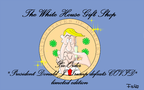 Cartoon: Trump defeats Covid (medium) by Fish tagged trump,münze,weisses,haus,white,house,giftshop,defeat,besiegen,covid,corona,gedenkmünze,online,shop,vorbestellen