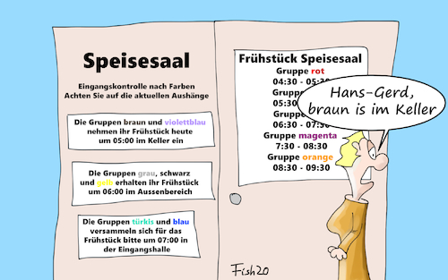 Cartoon: Urlaubschaos 2020 (medium) by Fish tagged urlaub,2020,corona,lockerungen,abstandsregel,pandemie,ansteckung,hotel,speisesaal,pauschalurlaub