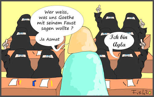 Cartoon: Vollverschleierung (medium) by Fish tagged schleier,vollverschleiert,schule,unterricht,hamburg,hamburger,senat,islam,religion,religionsfreiheit,grundgesetz,hijab,niqab,lehrergoethe,faust