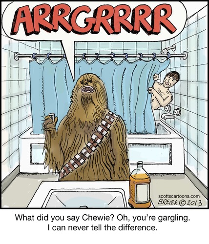 Cartoon: Chewie (medium) by noodles tagged wash,mouth,solo,hans,gargling,shower,bathroom,wars,star
