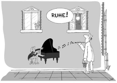 Cartoon: Ruhe (medium) by Pinella tagged klavier,maler,ruhe,störung,musik,lärm