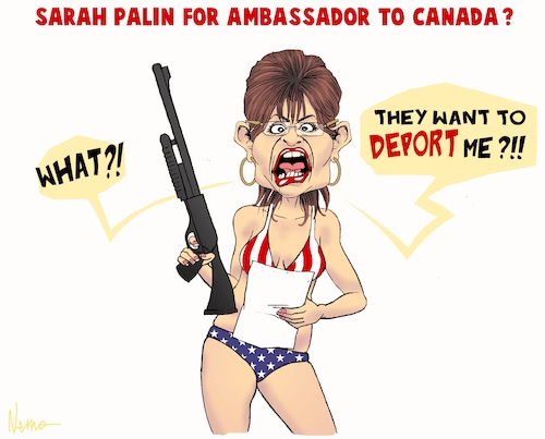 Cartoon: Ambassador Palin (medium) by NEM0 tagged sarah,palin,canada,us,usa,trudeau,ottawa,alaska,bikini,swim,shotgun,gun,rifle,flag,deport,deportation,deported,trump,nemo,nem0,sarah,palin,canada,us,usa,trudeau,ottawa,alaska,bikini,swim,shotgun,gun,rifle,flag,deport,deportation,deported,trump,nemo,nem0