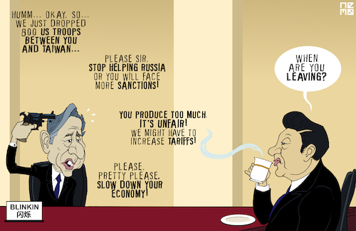 Cartoon: Blinken Diplomacy With Xi (medium) by NEM0 tagged 2024,usa,us,white,house,washington,dc,russia,moscow,kremlin,putin,ukraine,kiev,zelensky,china,beijin,taiwan,nato,xi,jinping,ccp,biden,blinken,secretary,of,state,department,dod,treasury,economy,production,overcapacity,flood,unfair,humiliation,tariff,sanctions,proxy,war,conflict,cold,hot,troops,wwiii,rules,based,new,world,order,global,unipolar,imperialism,hegemon,meeting,tea,blinking,blinkin,diplomacy,masterclass,nemo