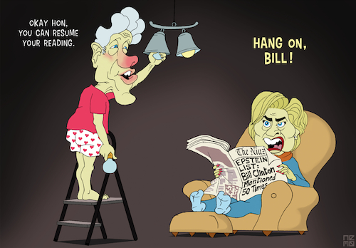 Cartoon: Hang On Bill Clinton (medium) by NEM0 tagged 2024,usa,us,washington,bill,hillary,clinton,foundation,hrc,dnc,democrat,jeffrey,epstein,wexner,victoria,secret,list,sex,scandal,lolita,express,caribbean,island,minors,compromise,operation,mossad,mi6,navy,cia,influence,blackmail,hang,predator,pedo,suicide,suicided,madame,ghislaine,maxwell,network,ring,abuse,rape,zorro,ranch,accountability,above,law,newspaper,light,bulb,virginia,giuffre,nemo