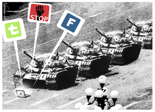 Cartoon: Internet Stops the Tanks (medium) by NEM0 tagged networks,communications,uprising,uprise,manifestation,riot,revolution,tanks,anmen,tian,china,east,middle,twitter,facebook,medial,social,internet