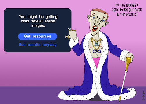 Cartoon: Meta Pimp Zuckerberg (medium) by NEM0 tagged 2024,wall,street,journal,stanford,university,umass,investigation,research,instagram,meta,algo,algorithm,pedophile,pedo,network,ring,connect,online,child,abuse,pornography,sexualise,normalize,objectify,traffick,trafficking,mark,zuckerberg,pimp,block,blocker