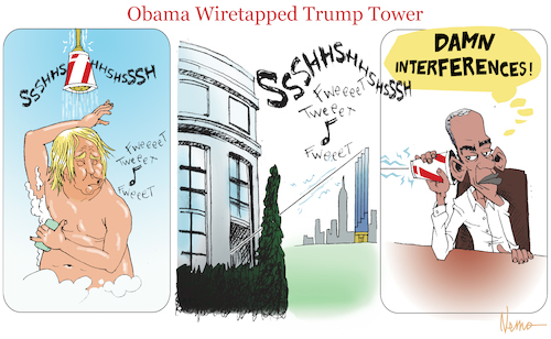 Cartoon: Obama Wiretapped Trump (medium) by NEM0 tagged obama,trump,wiretap,spy,spying,surveillance,russia,nemo,nem0,obama,trump,wiretap,spy,spying,surveillance,russia,nemo,nem0