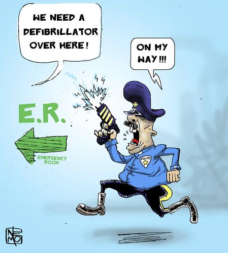 Cartoon: Taser M.D. Cop (medium) by NEM0 tagged security,secure,safety,safe,policemen,policeman,police,hospital,room,emergency,er,defibrilators,cops,cop,cardiology,cardiac,guns,gun,electric,injury,injuries,taser