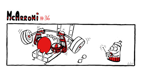 Cartoon: McArroni nro. 36 (medium) by julianloa tagged mcarroni,bird,friend,gym,robot,arms,cheating,fitness