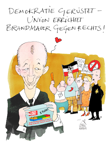 Cartoon: Brandmauer (medium) by Koppelredder tagged brandmauer,rechtsradikalismus,afd,cdu,union,merz,friedrichmerz,zusammenarbeit,brandmauer,rechtsradikalismus,afd,cdu,union,merz,friedrichmerz,zusammenarbeit