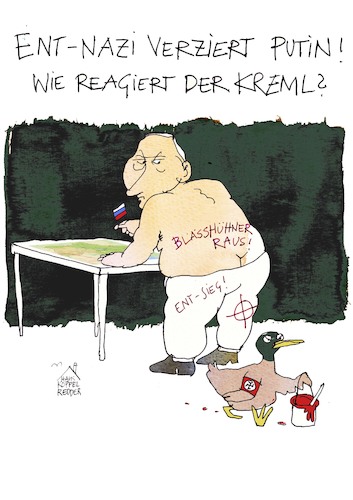 Cartoon: Entnazi (medium) by Koppelredder tagged putin,russland,ukraine,angriffskrieg,krieg,konflikt,falschmeldungen,fakenews,desinformation,zeitungsente,ente,nazis,entnazifizierung,rassismus,militarismus,imperialismus,putin,russland,ukraine,angriffskrieg,krieg,konflikt,falschmeldungen,fakenews,desinformation,zeitungsente,ente,nazis,entnazifizierung,rassismus,militarismus,imperialismus