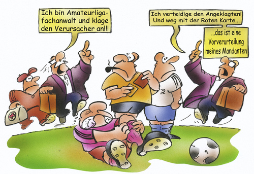 Cartoon: Amateurliga (medium) by HSB-Cartoon tagged fussball,fussballspiel,foul,amateurliga,fussballspieler,schiedsrichter,spieler,anwalt,gericht,gerichtsurteil,ball,foulspielfussballplatz,fussballfeld,rote,karte,fussball,fussballspiel,foul,amateurliga,fussballspieler,schiedsrichter,spieler,anwalt,gericht,gerichtsurteil,ball,foulspielfussballplatz,fussballfeld,rote,karte