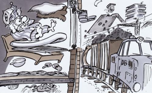 Cartoon: Die Bahn kommt (medium) by HSB-Cartoon tagged bahn,zug,verkehr,transport,lokomotive,bahn,zug,verkehr,lokomotive,transport,züge,db,deutsche bahn,krach,lärm,stadt,city,anwohner,deutsche,nacht,nachts
