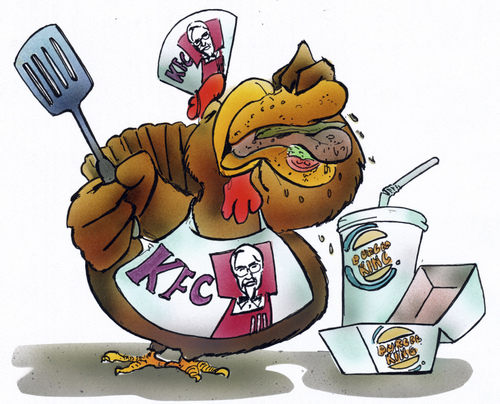 Cartoon: Fastfood (medium) by HSB-Cartoon tagged fastfood,burgerking,kentucky,fried,chicken,kfc,meal,huhn,schnellimbiss,imbiss,gesundheit,ernährung,cheeseburger,hamburger,coca,cola,fraß,cartoon,caricature,airbrush,fastfood