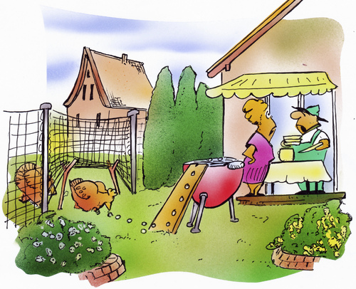 Cartoon: Grillhähnchen (medium) by HSB-Cartoon tagged grillfleisch,grill,grillen,grillfest,grillhähnchen,hähnchen,barbeque,garten,tiere,geflügel,ehepaar,terrasse,zaun,cartoon,karikatur,airbrush,grillfleisch,grill,grillen,grillfest,grillhähnchen,hähnchen,barbecue,garten,tiere,geflügel,ehepaar,terrasse