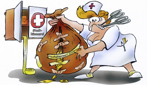 Cartoon: kommunale Haushalte 2012 (medium) by HSB-Cartoon tagged haushalt,finanzen,haushaltsausgleich,politik,lokalpolitik,2012,arzt,schwester,krankenschwester,geld,kommune,haushaltslage,stadtsäckel,cartoon,caricature,karikatur,airbrush,haushalt,finanzen