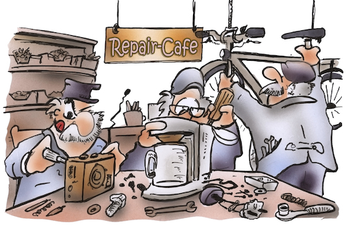 Cartoon: Repair Cafe (medium) by HSB-Cartoon tagged repaircafe,wegwerfgesellschaft,reparatur,reparieren,handwerk,karikatur,handwerker,mechanik,mechaniker,feinmechanik,tv,radio,senioren,cartoon,werkstatt,werkzeug,zweiradmechaniker,basteln,hobbyhandwerker,arbeiten,ökologisch,umwelt,elektroschrott,elektromüll,entsorgung,repaircafe,wegwerfgesellschaft,reparatur,reparieren,handwerk,karikatur,handwerker,mechanik,mechaniker,feinmechanik,tv,radio,senioren,cartoon,werkstatt,werkzeug,zweiradmechaniker,basteln,hobbyhandwerker,arbeiten,ökologisch,umwelt,elektroschrott,elektromüll,entsorgung