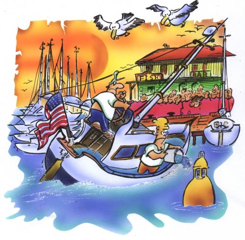 Cartoon: sailing home (medium) by HSB-Cartoon tagged sailing,boat,dock,harbour,,segel,segelboot,schiff,kapitän,steuer,ruder,fahren,kentern,untergehen,heimfahrt,fahne,usa,boje