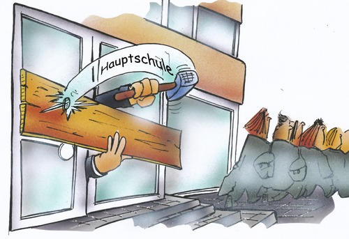 Cartoon: Schließung Hauptschulen (medium) by HSB-Cartoon tagged schule,hauptschule,schüler,lehrer,schulpolitik,hammer,nagel,cartoon,karikatur,airbrush,schule,hauptschule,schüler,lehrer,schulpolitik,hammer,nagel,bildung,wissen