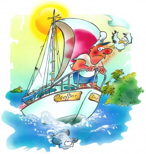 Cartoon: skipper with sunburn (medium) by HSB-Cartoon tagged shadow,sun,sunburn,skipper,boat,sailing,sea,ocean,marine,sailingboat,ship,nature,seagull,water,boattrip,illustration,illustrationen,see,meer,schiffsfahrt,seefahrt,fahren,transport,freizeit,urlaub,kapitän,schiffe,schiff,yacht,skipper