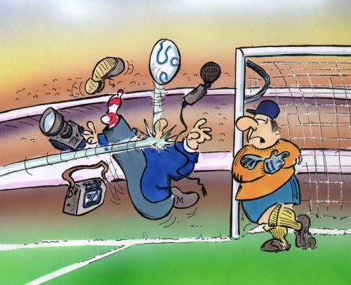 Cartoon: Sportberichterstattung (medium) by HSB-Cartoon tagged sport,fussball,soccer,reporter,torwart,interview,stadion,,sport,fussball,reporter,torwart,interview,stadion,em,wm,nationalmannschaft,tor,torschuss,treffen,torschütze