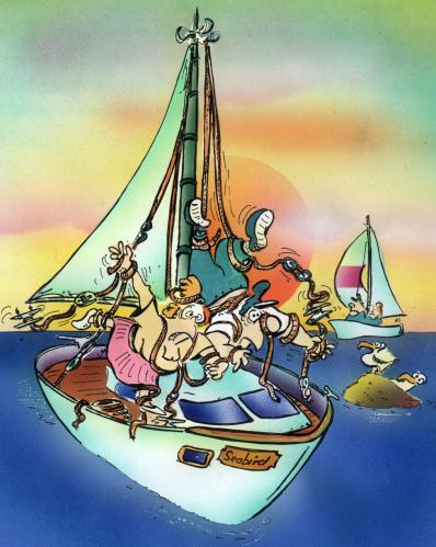 Cartoon: tangled in lines (medium) by HSB-Cartoon tagged sailing,boat,segeln,segelboot,schiff,kapitän,tau,seil,verheddern,insel,möwe,seefahrt,meer,ozean,wind