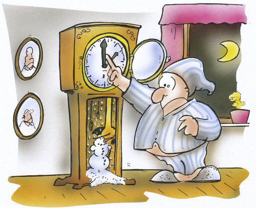 Cartoon: Umstellen auf Winterzeit (medium) by HSB-Cartoon tagged zeitumstellung,uhrumstellung,clock,uhr,sommerzeit,winterzeit,wintry,winter,airbrush,hsb,karikatur,caricature,cartoon,mez,standuhr,nacht,winter,sommerzeit,uhrumstellung,zeitumstellung