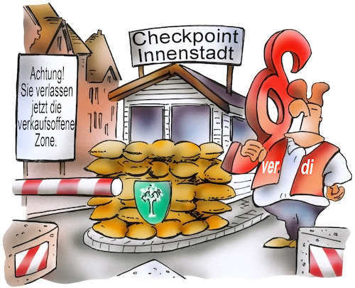 Cartoon: Verkaufsoffene Grenze (medium) by HSB-Cartoon tagged checkpoint,city,sunday,airbrush,arbeit,arbeitsbedingungen,beschränkung,einkaufen,einzelhandel,gebiet,geschäft,gesetz,grenze,grenzkontrolle,hsb,hsbcartoon,innenstadt,karikatur,kontrolle,lokalkarikatur,paragraph,schranke,shopping,sonntag,sonntagsarbeit,verdi,verkauf,verkaufsoffen,verkaufsoffener,verkäufer,verkäuferin,vorschrift,zone,checkpoint,city,sunday,airbrush,arbeit,arbeitsbedingungen,beschränkung,einkaufen,einzelhandel,gebiet,geschäft,gesetz,grenze,grenzkontrolle,hsb,hsbcartoon,innenstadt,karikatur,kontrolle,lokalkarikatur,paragraph,schranke,shopping,sonntag,sonntagsarbeit,verdi,verkauf,verkaufsoffen,verkaufsoffener,verkäufer,verkäuferin,vorschrift,zone