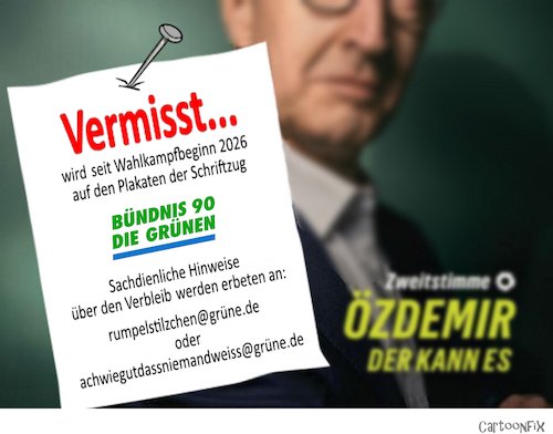 Cartoon: Vermisst... (medium) by Cartoonfix tagged wahlplakat,schriftzug,bündnis,90,die,grünen,fehlt