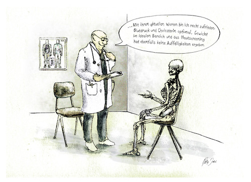 Cartoon: Der optimierte Patient (medium) by jakpet tagged gesundheitssystem,arzt,patient,alter,krankheit,vorsorge,blutdruck,cholesterin,gesundheit,überversorgung