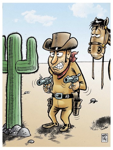 Cartoon: hands up (medium) by Wadalupe tagged cactus,far,west,pistolero,caballo,oeste,desierto,revolver,sol,arizona,usa,gunman