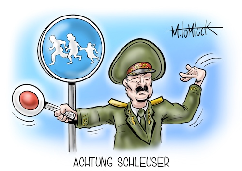 Cartoon: Achtung Schleuser (medium) by Mirco Tomicek tagged belarus,alexander,lukaschenko,weißrussland,sachsen,michael,kretschmer,einreise,migranten,flüchtlinge,flucht,geflüchtete,schleuser,schleusen,polen,grenzen,grenze,irak,syrien,krieg,kriegsgebiete,karikatur,pressekarikatur,cartoon,mirco,tomicek,belarus,alexander,lukaschenko,weißrussland,sachsen,michael,kretschmer,einreise,migranten,flüchtlinge,flucht,geflüchtete,schleuser,schleusen,polen,grenzen,grenze,irak,syrien,krieg,kriegsgebiete,karikatur,pressekarikatur,cartoon,mirco,tomicek