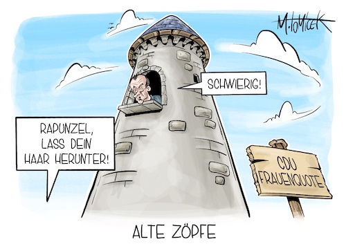 Cartoon: Alte Zöpfe (medium) by Mirco Tomicek tagged cdu,frauenquote,frauen,quote,friedrich,merz,spitze,beratung,vorstand,partei,parteispitze,politik,rapunzel,cartoon,karikatur,pressekarikatur,mirco,tomicek,cdu,frauenquote,frauen,quote,friedrich,merz,spitze,beratung,vorstand,partei,parteispitze,politik,rapunzel,cartoon,karikatur,pressekarikatur,mirco,tomicek