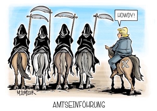 Cartoon: Amtseinführung (medium) by Mirco Tomicek tagged donald,trump,us,präsident,usa,präsidentschaft,amerika,politik,außenpolitik,innenpolitik,gesetze,dekrete,gesetz,unterschreiben,weißes,haus,amt,amtseinführung,apokalyptische,reiter,cartoon,karikatur,pressekarikatur,mirco,tomicek,donald,trump,us,präsident,usa,präsidentschaft,amerika,politik,außenpolitik,innenpolitik,gesetze,dekrete,gesetz,unterschreiben,weißes,haus,amt,amtseinführung,apokalyptische,reiter,cartoon,karikatur,pressekarikatur,mirco,tomicek