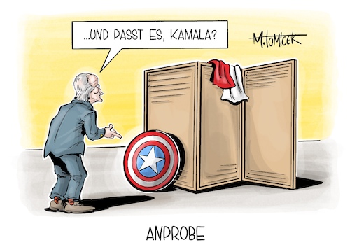 Cartoon: Anprobe (medium) by Mirco Tomicek tagged joe,biden,kamala,harris,rückzug,wahlkampf,kandidat,kandidatin,us,usa,amerika,präsidentschaftswahl,präsidentschaftskandidaten,kandidatur,donald,trump,demokraten,captain,america,karikatur,pressekarikatur,cartoon,mirco,tomicek,joe,biden,kamala,harris,rückzug,wahlkampf,kandidat,kandidatin,us,usa,amerika,präsidentschaftswahl,präsidentschaftskandidaten,kandidatur,donald,trump,demokraten,captain,america,karikatur,pressekarikatur,cartoon,mirco,tomicek