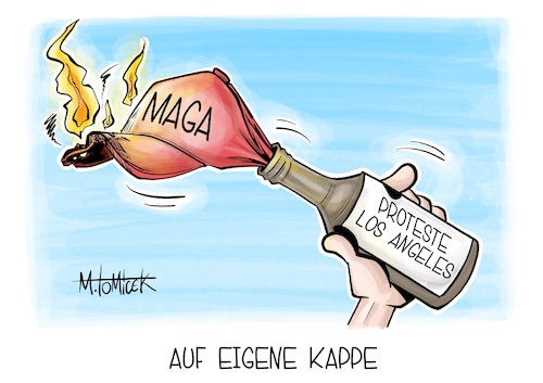 Cartoon: Auf eigene Kappe (medium) by Mirco Tomicek tagged los,angeles,san,francisco,proteste,protest,ausschreitungen,ausschreitung,us,politik,einwanderungsbehörde,ice,razzien,demo,demos,demonstrationen,donald,trump,amerika,usa,karikatur,pressekarikatur,cartoon,mirco,tomicek,los,angeles,san,francisco,proteste,protest,ausschreitungen,ausschreitung,us,politik,einwanderungsbehörde,ice,razzien,demo,demos,demonstrationen,donald,trump,amerika,usa,karikatur,pressekarikatur,cartoon,mirco,tomicek