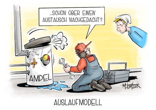 Cartoon: Auslaufmodell (medium) by Mirco Tomicek tagged ampel,ampelkoalition,koalition,regierung,bundesregierung,olaf,scholz,spd,grüne,fdp,heizung,heizen,krach,druck,handwerker,karikatur,pressekarikatur,cartoon,mirco,tomicek,ampel,ampelkoalition,koalition,regierung,bundesregierung,olaf,scholz,spd,grüne,fdp,heizung,heizen,krach,druck,handwerker,karikatur,pressekarikatur,cartoon,mirco,tomicek