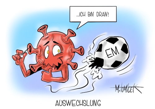 Cartoon: Auswechslung (medium) by Mirco Tomicek tagged em,aus,europameisterschaft,deutschland,england,wembley,jogi,löw,joachim,bundestrainer,trainer,nationalmannschaft,nationalelf,fußball,fußballspiel,spiel,fußballer,2020,2021,corona,mutation,delta,virus,cartoon,karikatur,pressekarikatur,mirco,tomicek,em,aus,europameisterschaft,deutschland,england,wembley,jogi,löw,joachim,bundestrainer,trainer,nationalmannschaft,nationalelf,fußball,fußballspiel,spiel,fußballer,2020,2021,corona,mutation,delta,virus,cartoon,karikatur,pressekarikatur,mirco,tomicek