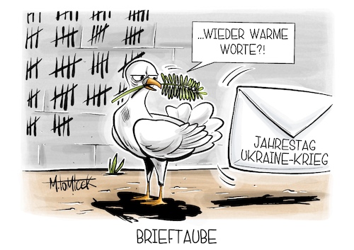 Cartoon: Brieftaube (medium) by Mirco Tomicek tagged vierter,jahrestag,ukraine,krieg,russland,angriffskrieg,eu,europa,kiew,frieden,ukrainehilfe,hilfen,friedensverhandlungen,friedenstaube,karikatur,pressekarikatur,cartoon,mirco,tomicek,vierter,jahrestag,ukraine,krieg,russland,angriffskrieg,eu,europa,kiew,frieden,ukrainehilfe,hilfen,friedensverhandlungen,friedenstaube,karikatur,pressekarikatur,cartoon,mirco,tomicek