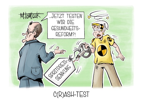 Cartoon: Crash-Test (medium) by Mirco Tomicek tagged krankenversicherung,reform,reformpläne,krankenkassen,krankenkasse,gesundheitsreform,gesundheit,warken,versicherungen,versicherung,spritpreis,spritpreissenkung,tanken,tankstellen,preise,karikatur,cartoon,pressekarikatur,mirco,tomicek,krankenversicherung,reform,reformpläne,krankenkassen,krankenkasse,gesundheitsreform,gesundheit,warken,versicherungen,versicherung,spritpreis,spritpreissenkung,tanken,tankstellen,preise,karikatur,cartoon,pressekarikatur,mirco,tomicek