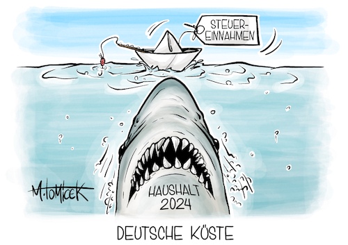 Cartoon: Deutsche Küste (medium) by Mirco Tomicek tagged bundesregierung,lindner,sieben,milliarden,euro,steuereinnahmen,steuern,einnahmen,steuer,haushalt,2024,bund,länder,kosten,finanzen,nach,corona,gastronomie,weißer,hai,karikatur,pressekarikatur,cartoon,mirco,tomicek,bundesregierung,lindner,sieben,milliarden,euro,steuereinnahmen,steuern,einnahmen,steuer,haushalt,2024,bund,länder,kosten,finanzen,nach,corona,gastronomie,weißer,hai,karikatur,pressekarikatur,cartoon,mirco,tomicek