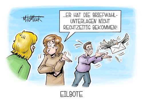 Cartoon: Eilbote (medium) by Mirco Tomicek tagged briefwahl,brief,wahl,wahlschein,wahlunterlagen,bundestagswahl,neuwahl,neuwahlen,wähler,wahlkampf,brieftaube,karikatur,pressekarikatur,cartoon,mirco,tomicek,briefwahl,brief,wahl,wahlschein,wahlunterlagen,bundestagswahl,neuwahl,neuwahlen,wähler,wahlkampf,brieftaube,karikatur,pressekarikatur,cartoon,mirco,tomicek