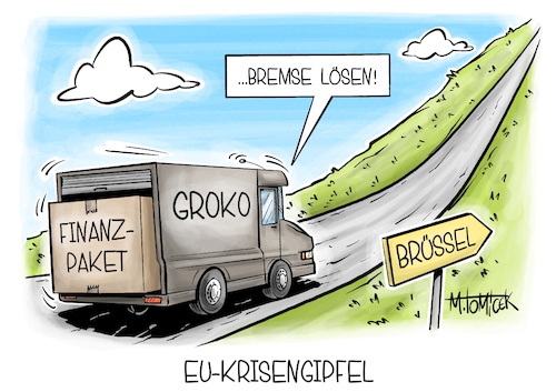 Cartoon: EU-Krisengipfel (medium) by Mirco Tomicek tagged sondierung,sondierungen,koalition,koalitionsverhandlungen,koalitionsgespräch,finanzen,finanzpaket,paket,schuldenbremse,schulden,neuverschuldung,union,spd,merz,ukraine,krieg,gipfel,eu,krisengipfel,militär,militärhilfe,militärhilfepaket,von,der,leyen,brüssel,sondervermögen,karikatur,pressekarikatur,cartoon,mirco,tomicdk,sondierung,sondierungen,koalition,koalitionsverhandlungen,koalitionsgespräch,finanzen,finanzpaket,paket,schuldenbremse,schulden,neuverschuldung,union,spd,merz,ukraine,krieg,gipfel,eu,krisengipfel,militär,militärhilfe,militärhilfepaket,von,der,leyen,brüssel,sondervermögen,karikatur,pressekarikatur,cartoon,mirco,tomicdk