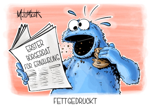 Cartoon: Fettgedruckt (medium) by Mirco Tomicek tagged bürgerrat,bürger,rat,ernährung,nahrung,essen,bundestag,gesund,vegan,vegetarisch,fleisch,gemüse,obst,ungesund,restaurant,krümelmonster,sesamstraße,cartoon,karikatur,pressekarikatur,mirco,tomicek,bürgerrat,bürger,rat,ernährung,nahrung,essen,bundestag,gesund,vegan,vegetarisch,fleisch,gemüse,obst,ungesund,restaurant,krümelmonster,sesamstraße,cartoon,karikatur,pressekarikatur,mirco,tomicek