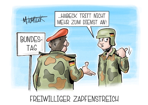 Cartoon: Freiwilliger Zapfenstreich (medium) by Mirco Tomicek tagged robert,habeck,verlässt,bundestag,mandat,bundestagsmandat,politik,grüne,schwarz,rot,spd,cdu,csu,union,wehrdienst,gesetz,freiwilliger,dienst,bundeswehr,soldat,soldaten,cartoon,karikatur,pressekarikatur,mirco,tomicek,robert,habeck,verlässt,bundestag,mandat,bundestagsmandat,politik,grüne,schwarz,rot,spd,cdu,csu,union,wehrdienst,gesetz,freiwilliger,dienst,bundeswehr,soldat,soldaten,cartoon,karikatur,pressekarikatur,mirco,tomicek
