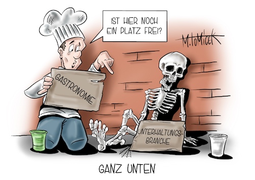 Cartoon: Ganz unten (medium) by Mirco Tomicek tagged angela,merkel,schließung,gastronomie,unterhaltung,unterhaltungsbranche,branche,maßnahmen,maßnahme,corona,gipfel,covid19,november,gastro,gastronomiebetriebe,betriebe,lockdown,shutdown,lock,down,schließen,küche,restaurants,bars,kneipen,musiker,bands,künstler,bühne,tontechniker,karikatur,cartoon,pressekarikatur,mirco,tomicek,angela,merkel,schließung,gastronomie,unterhaltung,unterhaltungsbranche,branche,maßnahmen,maßnahme,corona,gipfel,covid19,november,gastro,gastronomiebetriebe,betriebe,lockdown,shutdown,lock,down,schließen,küche,restaurants,bars,kneipen,musiker,bands,künstler,bühne,tontechniker,karikatur,cartoon,pressekarikatur,mirco,tomicek