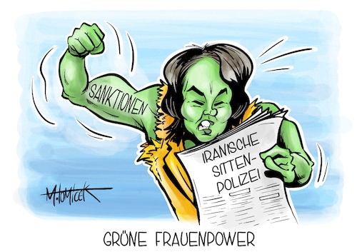 Cartoon: Grüne Frauenpower (medium) by Mirco Tomicek tagged annalena,baerbock,bundesaußenministerin,grüne,grünen,eu,sanktionen,sanktion,iran,iranische,sittenpolizei,polizei,sitten,frauen,frauenpower,she,hulk,marvel,karikatur,pressekarikatur,cartoon,mirco,tomicek,annalena,baerbock,bundesaußenministerin,grüne,grünen,eu,sanktionen,sanktion,iran,iranische,sittenpolizei,polizei,sitten,frauen,frauenpower,she,hulk,marvel,karikatur,pressekarikatur,cartoon,mirco,tomicek