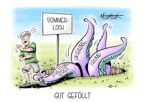Cartoon: Gut Gefüllt (medium) by Mirco Tomicek tagged sommerloch,ukraine,krieg,russland,trump,usa,amerika,koalition,koalitionsstreit,merz,regierung,spd,union,schwarz,rot,sommer,loch,karikatur,pressekarikatur,cartoon,mirco,tomicek,sommerloch,ukraine,krieg,russland,trump,usa,amerika,koalition,koalitionsstreit,merz,regierung,spd,union,schwarz,rot,sommer,loch,karikatur,pressekarikatur,cartoon,mirco,tomicek